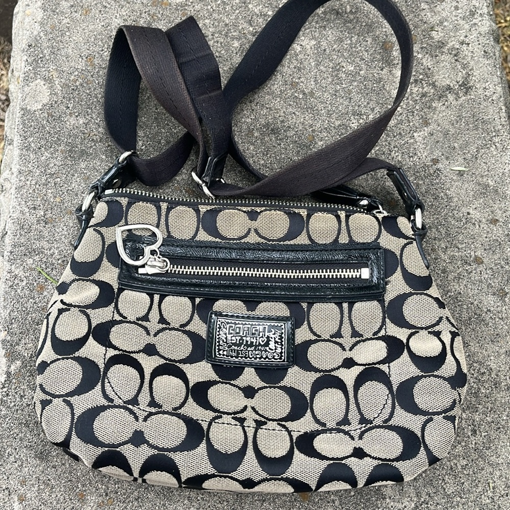 COACH Poppy Crossbody  Monogram Bag Black and Tan with Heart Zipper